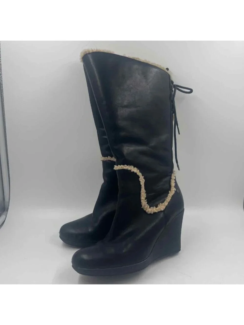 Ugg Emilie Sherpa Leather Women's Tall Size 7 Black Wedge Solid Boots